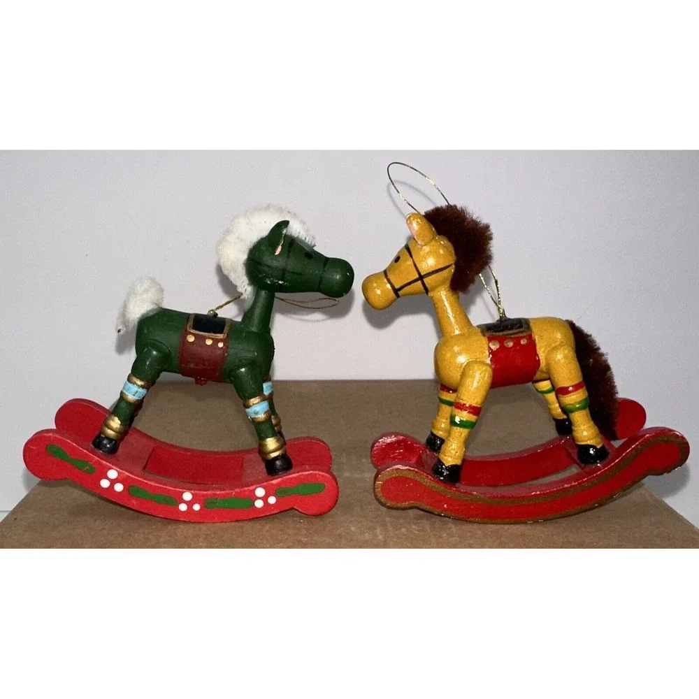 Set of 2 - Vintage 1980's Hand‎ Painted Yellow & Green Rocking Horse Ornaments